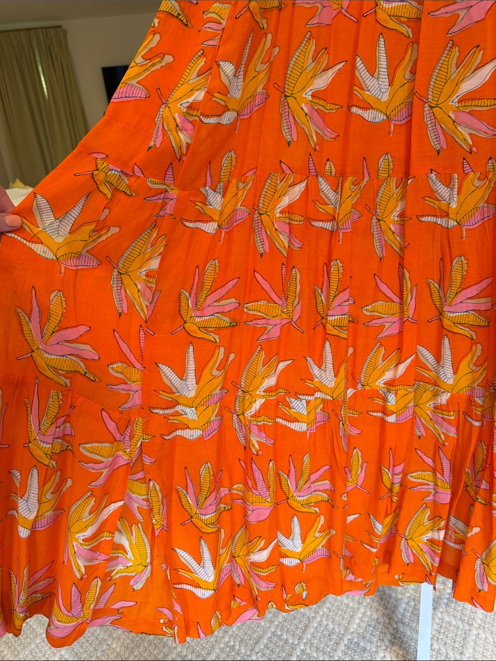 Oliphant- Women’s Orange Off The Shoulder Tropical Print MIDI Dress- Size: Small - Picture 9 of 9